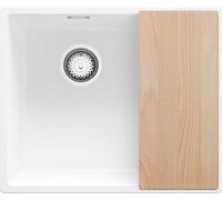 PRIMAGRAN Lavello da Cucina Bianco 56x47cm, Lavandino in Granito a 1,5 vasche + Sifone Classico + Tagliere, Lavabo Incasso al mobile 60cm - London Slim Duo S035