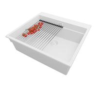 PRIMAGRAN Lavello da Cucina Bianco 58x53cm, Lavandino da Cucina a 1 vasca + Sifone Classico + Scolapasta avvolgibile, Lavabo da Cucina Incasso al mobile 60cm - Oslo Max