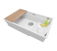 PRIMAGRAN Lavello da Cucina Bianco 76x47cm, Lavandino in Granito a 1 vasca + Set di accessori, Lavabo da Cucina Incasso al Mobile 80cm - Prague Step Level Slim S578