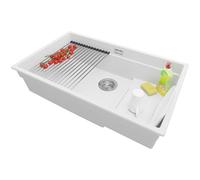 PRIMAGRAN Lavello da Cucina Bianco 76x47cm, Lavandino in Granito a 1 vasca + Set di accessori, Lavabo Incasso al mobile 80cm - Prague Slim S376