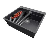 PRIMAGRAN Lavello da Cucina Grafite 58x53cm, Lavandino da Cucina a 1 vasca + Sifone Classico + Scolapasta avvolgibile, Lavabo da Cucina Incasso al mobile 60cm - Oslo Max