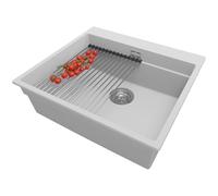 PRIMAGRAN Lavello da Cucina Grigio 58x53cm, Lavandino da Cucina a 1 vasca + Sifone Classico + Scolapasta avvolgibile, Lavabo da Cucina Incasso al mobile 60cm - Oslo Max