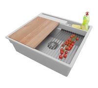 PRIMAGRAN Lavello da Cucina Grigio 58x53cm, Lavandino in Granito a 1 vasca + Sifone Classico, Lavabo da Cucina Incasso al Mobile 60cm - Oslo Pocket S279