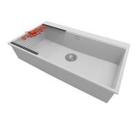 PRIMAGRAN Lavello da Cucina Grigio 88x50cm, Lavandino in Granito a 1 vasca + Sifone Classico + Scolapasta avvolgibile, Lavabo Incasso al mobile 90cm - Oslo S413