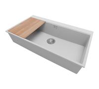 PRIMAGRAN Lavello da Cucina Grigio 88x50cm, Lavandino in Granito a 1 vasca + Sifone Classico + Tagliere, Lavabo Incasso al mobile 90cm - Oslo S428