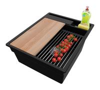 PRIMAGRAN Lavello da Cucina Nero 43x53cm, Lavandino in Granito a 1 vasca + Sifone Classico, Lavabo da Cucina Incasso al Mobile 45cm - Oslo Pocket S095