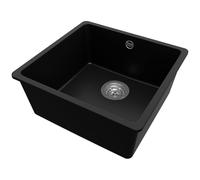 PRIMAGRAN Lavello da Cucina Nero 46x44cm, Lavandino in Granito a 1 vasca + Sifone Classico, Lavabo Incasso al mobile 50cm - Venezia Slim Easy S019