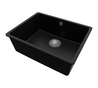 PRIMAGRAN Lavello da Cucina Nero 56x44cm, Lavandino in Granito a 1 vasca + Sifone Classico, Lavabo Incasso al mobile 60cm - Venezia Slim Easy S037