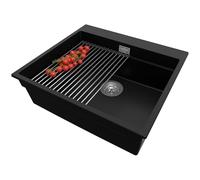 PRIMAGRAN Lavello da Cucina Nero 58x53cm, Lavandino da Cucina a 1 vasca + Sifone Classico + Scolapasta avvolgibile, Lavabo da Cucina Incasso al mobile 60cm - Oslo Max