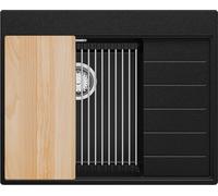 PRIMAGRAN Lavello da Cucina Nero 62x50cm, Lavandino in Granito a 1 vasca + Sifone Classico, Lavabo da Cucina Incasso al Mobile 45cm - Sydney Ergo S171