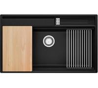 PRIMAGRAN Lavello da Cucina Nero 88x53cm, Lavandino in Granito a 1 vasca + Sifone Classico, Lavabo da Cucina Incasso al Mobile 90cm - Oslo 90 Pocket S455