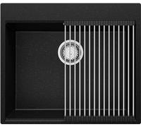 PRIMAGRAN Lavello da Cucina Nero Metallico 58x50cm, Lavandino in Granito a 1 vasca + Set di accessori, Lavabo Incasso al mobile 60cm - Oslo S272