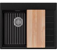 PRIMAGRAN Lavello da Cucina Nero Metallico 62x50cm, Lavandino in Granito a 1 vasca + Sifone Classico + Accessori, Lavabo Incasso al mobile 40cm - Sydney S389