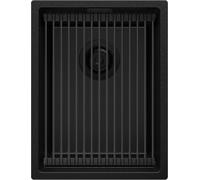 PRIMAGRAN Lavello da Cucina Tutto Nero 36x47cm, Lavandino da Cucina a 1 vasca + Sifone Classico + Scolapasta avvolgibile, Lavabo da Cucina Incasso al mobile 40cm - Prague Slim