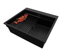 PRIMAGRAN Lavello da Cucina Tutto Nero 58x53cm, Lavandino in Granito a 1 vasca + Set di accessori, Lavabo Incasso al mobile 60cm - Oslo Max S030