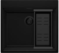 PRIMAGRAN Lavello da Cucina Tutto Nero 58x53cm, Lavandino in Granito a 1 vasca + Sifone Classico, Lavabo Incasso al mobile 60cm - Oslo Max S038