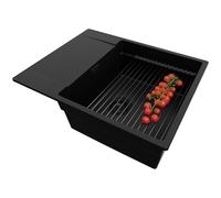 PRIMAGRAN Lavello da Cucina Tutto Nero 62x50cm, Lavandino da Cucina a 1 vasca + Sifone Classico + Scolapasta avvolgibile, Lavabo da Cucina Incasso al mobile 50cm - San Francisco