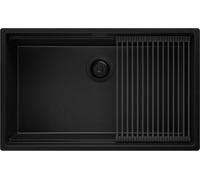 PRIMAGRAN Lavello da Cucina Tutto Nero 76x47cm, Lavandino in Granito a 1 vasca + Set di accessori, Lavabo Incasso al mobile 80cm - Prague Slim S445