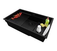 PRIMAGRAN Lavello da Cucina Tutto Nero 76x47cm, Lavandino in Granito a 1 vasca + Set di accessori, Lavabo Incasso al mobile 80cm - Prague Slim S386