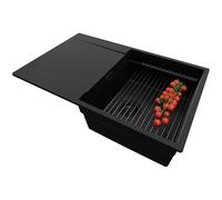 PRIMAGRAN Lavello da Cucina Tutto Nero 78x50cm, Lavandino in Granito a 1 vasca + Set di accessori, Lavabo Incasso al mobile 50cm - San Francisco S030