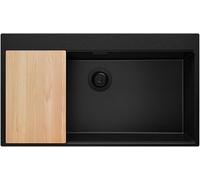 PRIMAGRAN Lavello da Cucina Tutto Nero 88x50cm, Lavandino in Granito a 1 vasca + Sifone Classico + Tagliere, Lavabo Incasso al mobile 90cm - Oslo S430