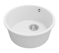 PRIMAGRAN Lavello Rotondo Bianco 46x46cm, Lavandino in Granito a 1 vasca + Sifone Classico, Lavabo da Cucina Incasso al mobile 50cm - La Valletta Slim S002