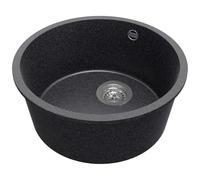 PRIMAGRAN Lavello Rotondo Grafite 46x46cm, Lavandino in Granito a 1 vasca + Sifone Classico, Lavabo da Cucina Incasso al mobile 50cm - La Valletta Slim S003