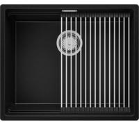 PRIMAGRAN Lavello sottotop Nero 56x47cm, Lavandino in Granito a 1 vasca + Set di accessori, Lavabo da Cucina al mobile 60cm - Prague S214