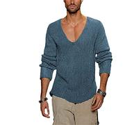 Primavera Autunno Maglione Uomini Casual Pullover Uomo Manica Lunga Profondo Scollo A V Solido Maglia Uomini Maglioni, Blu, M