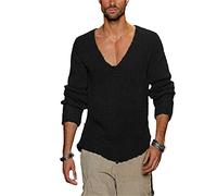 Primavera Autunno Maglione Uomini Casual Pullover Uomo Manica Lunga Profondo Scollo A V Solido Maglia Uomini Maglioni, Nero , L