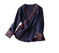 Primavera Autunno Stile Cinese Donne Camicetta Cotone Lino Ricamo Donne Vintage Camicia Allentata Scollo a V Orientale, Blu scuro, L