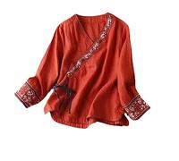 Primavera Autunno Stile Cinese Donne Camicetta Cotone Lino Ricamo Donne Vintage Camicia Allentata Scollo a V Orientale, Rosso, L