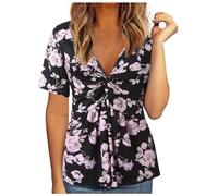 Primavera/Estate Wish Plus Size Top da donna con scollo a V increspato, a maniche corte con stampa oversize, Colore: rosa., L