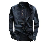 Primavera Mens Camicia Giappone Stile Vintage Lino Stand Collare Slim Fit Singolo Petto Design Semplice Camicie Casual, Blu, M