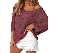Primavera Off The Spalla Elegante Top per Abiti da Sera per le Donne Crochet Trendy Cutout Camicetta Manica 3/4 Carino Trendy Estate Tee Shirt Tunica di Tendenza Sexy Top Party Club Night Casual, vino