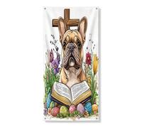 Primavera Pasqua Bulldog Francese Cane Esterno Copertura Della Porta Esterna 91,2 x 182,2 cm, Uova di Campagna Floreali Cucciolo Anteriore Posteriore Banner Ingresso Uscita Decorazione, Divertente