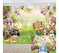 Primavera Pasqua Fotografia Sfondo Pasqua Uova Colorate Giardino Recinzione Verde Erba Coniglietto Decorazione Bambini Neonato Festa di Compleanno Sfondi (304,8 x 243,8 cm)