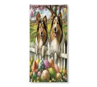 Primavera Pasqua Rough Collie Dog Copertura per porta esterna 36 x 72, Casale Recinto Uova Cucciolo Casa Anteriore Porta Posteriore Banner Ingresso Uscita Decorazione, Paese Stampato Home Indoor