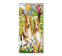Primavera Pasqua Shetland Sheepdog Dog Copertura per porta esterna 36 x 72, Casale Recinto Uova Cucciolo Casa Anteriore Porta Posteriore Banner Ingresso Uscita Decorazione, Paese Stampato Home Indoor