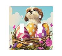 Primavera Pasqua Shih Tzu Cane Decorativo Interruttore Della Luce Copertura Piastra Da Parete 2 Gang Doppio Toggle, Fun Eggs Country Puppy Piastra Elettrica Stampa Fiore di Campo Frontale Elettrico