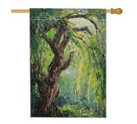 Primavera Pittura ad olio Willow Tree House Bandiera 71,1 x 101,2 cm su entrambi i lati per la decorazione esterna, paesaggio naturale FrontYard Tela Home Flag, Pianta Outdoor Pattern Backyard Prato