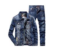 Primavera Uomo Stile Punk Casual Strappato Foro Manica Lunga Denim Giacca + Jeans 2 Pezzi Set Coppia Denim Suit, Giacca L Jeans 32, Etichettalia unica