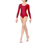 Prime fashions - Body a maniche lunghe da ragazza e donna - Nylon lucido - Vestibilità comoda, Rosso, M-L