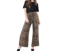 Prime fashions - Pantaloni da donna a palazzo, svasati, gamba larga, vita elasticizzata, abbigliamento casual, Stampa leopardata, 44-46