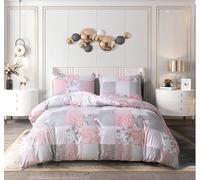 PRIME LINENS Set Copripiumino 4 Pezzi Poliestere-Cotone Copripiumino Trapunta Set Biancheria da Letto Con Federe e Lenzuolo con Angoli Extra Incluso Facile Cura (Grigio Floreale, Super King 4 Pezzi)