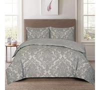 PRIME LINENS Set di biancheria da letto con copripiumino, 4 pezzi, in microfibra spazzolata, con federe e lenzuolo con angoli extra, facile da pulire (grigio damascato, super king, 4 pezzi)
