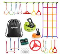 Primeful Ninja Warrior Parcours & Slackline Bambini Outdoor - 8 ostacoli | Set completo da 18,5 m: rete da arrampicata, 2 anelli da ginnastica, 2 anelli triangolari, 2 aste di sospensione