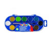 PRIMO - Acquerelli per Bambini con 12 Colori per Bambini +3 Anni Acquerellabili Diametro 30 mm + 1 Pennello Acquerello + 1 Acquerello Bianco, Kit Tavolozza per Dipingere, Pittura e Lavoretti Creativi