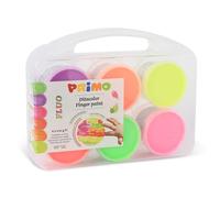 PRIMO - Valigetta Colori per Bambini +2 Anni Prima Infanzia, Tempere per Dipingere a Dita 100g 6 Colori Fluo per Carta Vetro, Tempera Pittura Cartoleria e Lavoretti Creativi Dermatologicamente Testata