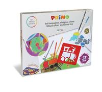 PRIMO - Valigetta Colori per Bambini +3 Anni Set Inventa Crea Dipingi con 12 Acquerelli per Bambini Ø30mm, 8 Pastelli a Cera Colorati, Tempere Lavabili, 1 Pennello, 1 Matita HB e 6 Stencil Cartoleria